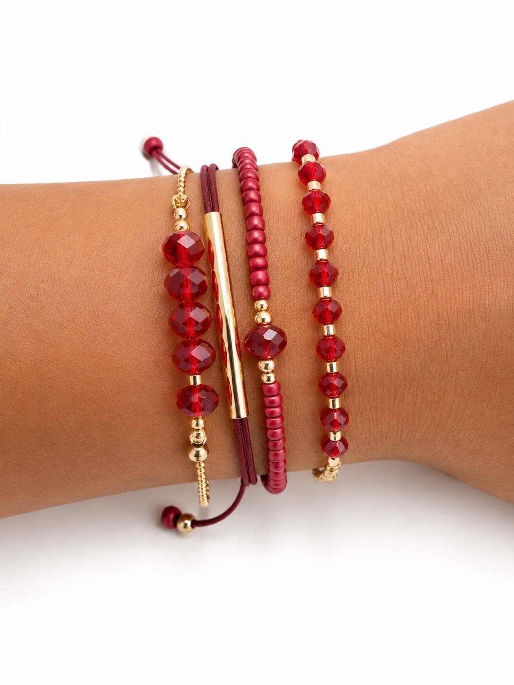 Red Beaded Layered Bracelet Set with Gold Accents